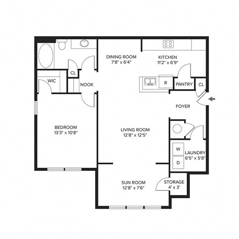 Floor plan for 1 bed, 1 bath, 871 sqft